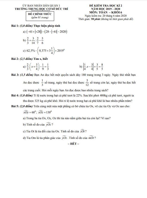 Đề kiểm tra học kỳ 2 Toán 6 năm 2019 – 2020 trường THCS Đức Trí – TP HCM