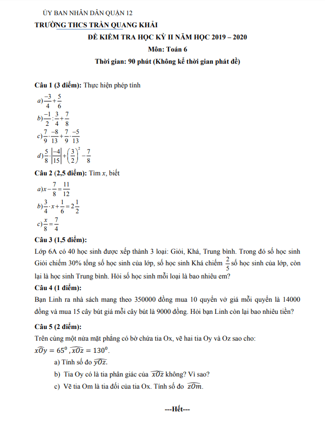 Đề kiểm tra học kỳ 2 Toán 6 năm 2019 – 2020 trường THCS Trần Quang Khải – TP HCM