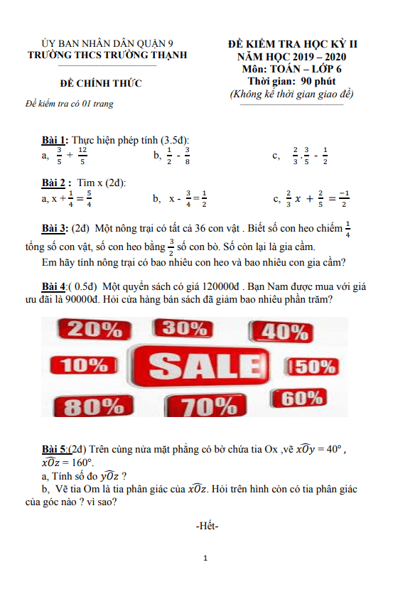 Đề kiểm tra học kỳ 2 Toán 6 năm 2019 – 2020 trường THCS Trường Thạnh – TP HCM