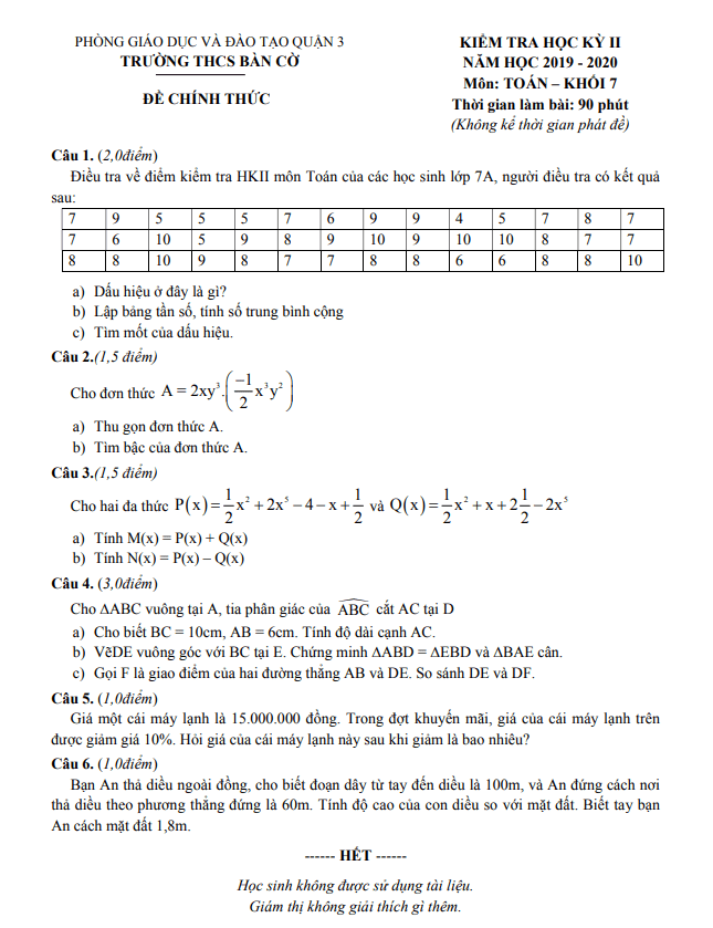 Đề kiểm tra học kỳ 2 Toán 7 năm 2019 – 2020 trường THCS Bàn Cờ – TP HCM