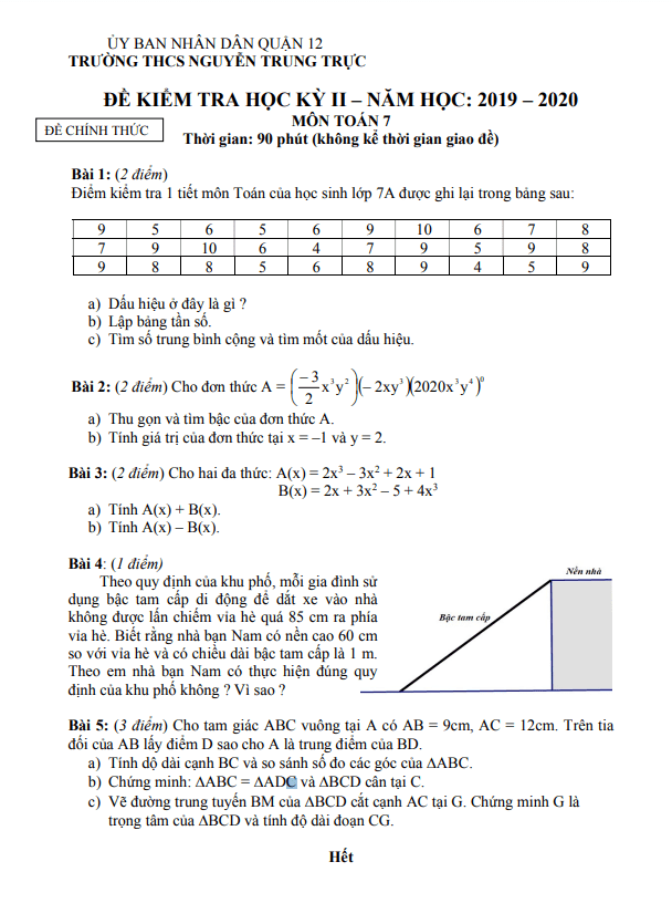 Đề kiểm tra học kỳ 2 Toán 7 năm 2019 – 2020 trường THCS Nguyễn Trung Trực – TP HCM