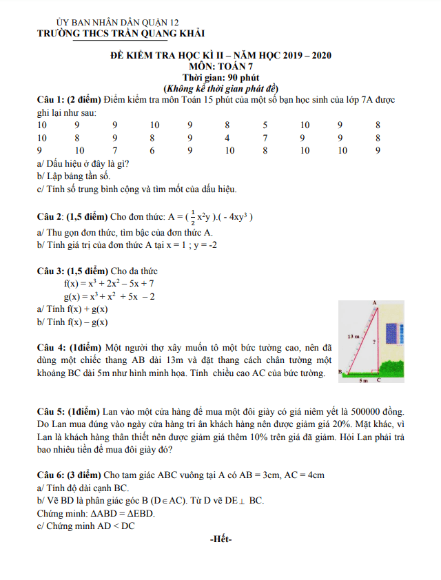 Đề kiểm tra học kỳ 2 Toán 7 năm 2019 – 2020 trường THCS Trần Quang Khải – TP HCM
