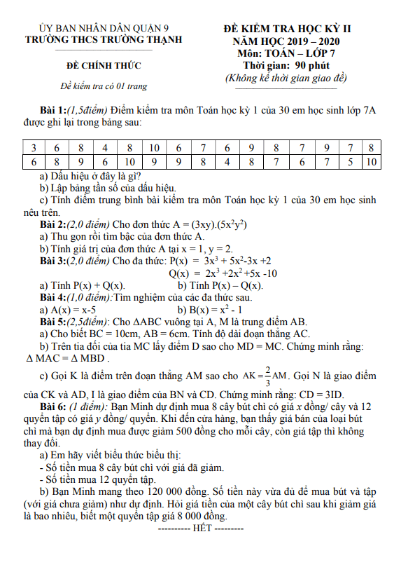 Đề kiểm tra học kỳ 2 Toán 7 năm 2019 – 2020 trường THCS Trường Thạnh – TP HCM