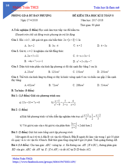 Đề kiểm tra học kỳ 2 Toán 8 năm 2017 – 2018 phòng GD và ĐT Đan Phượng – Hà Nội