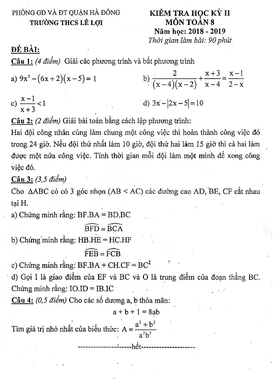 Đề kiểm tra học kỳ 2 Toán 8 năm 2018 – 2019 trường THCS Lê Lợi – Hà Nội