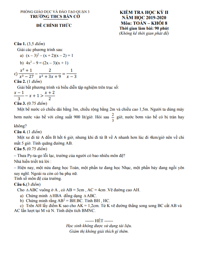 Đề kiểm tra học kỳ 2 Toán 8 năm 2019 – 2020 trường THCS Bàn Cờ – TP HCM