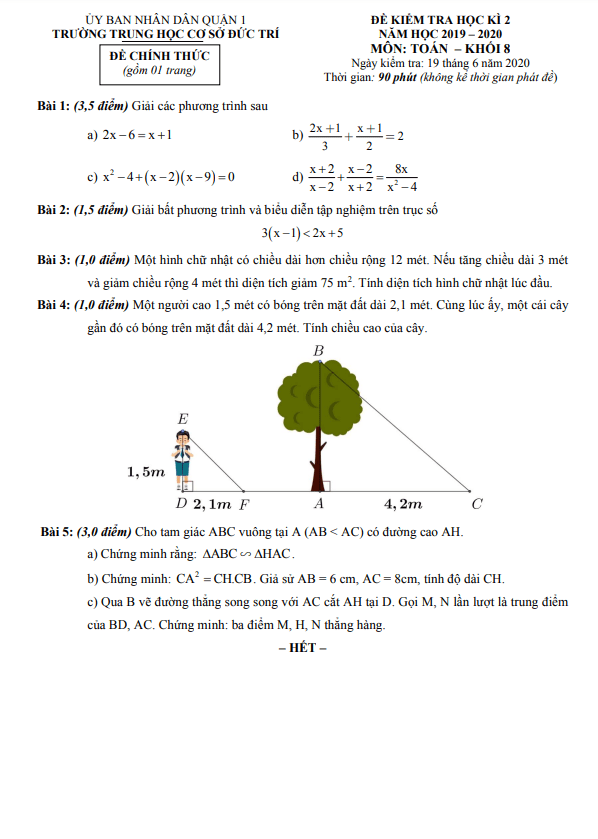 Đề kiểm tra học kỳ 2 Toán 8 năm 2019 – 2020 trường THCS Đức Trí – TP HCM