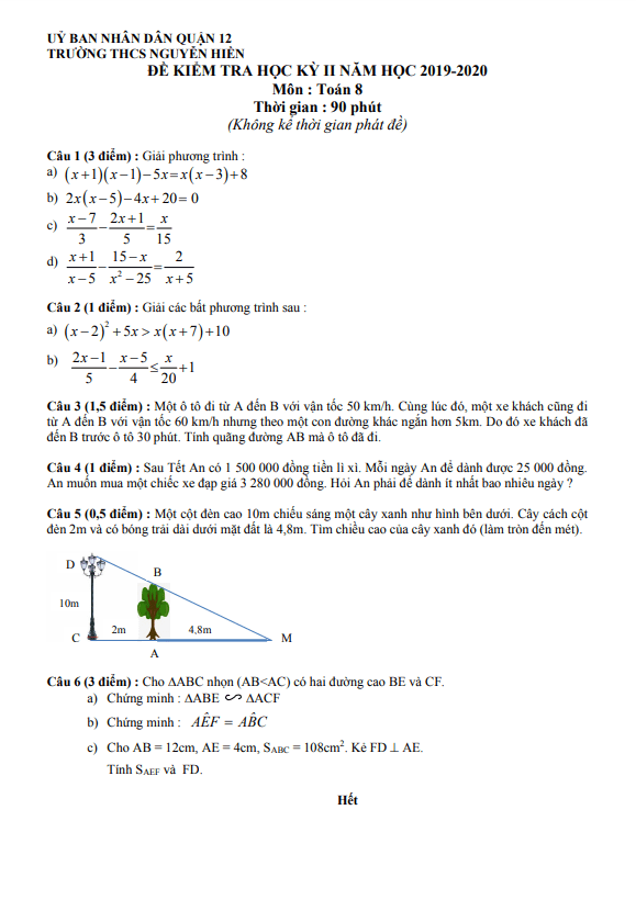 Đề kiểm tra học kỳ 2 Toán 8 năm 2019 – 2020 trường THCS Nguyễn Hiền – TP HCM