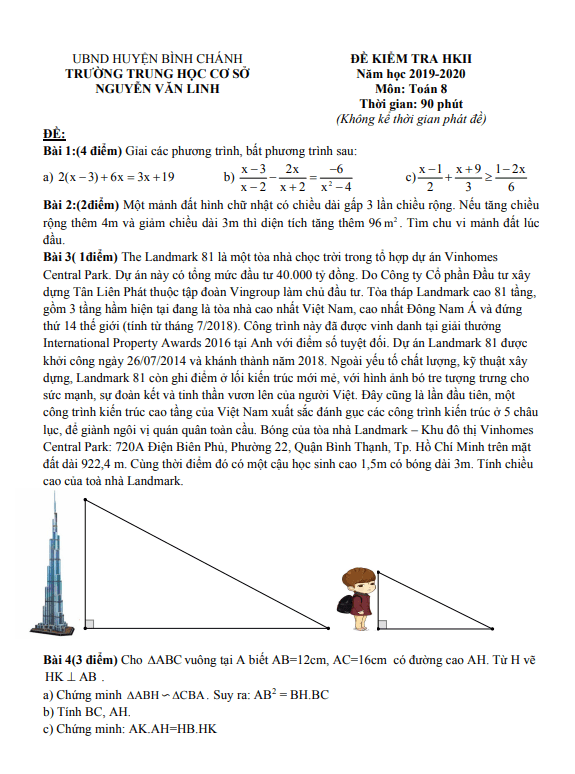 Đề kiểm tra học kỳ 2 Toán 8 năm 2019 – 2020 trường THCS Nguyễn Văn Linh – TP HCM