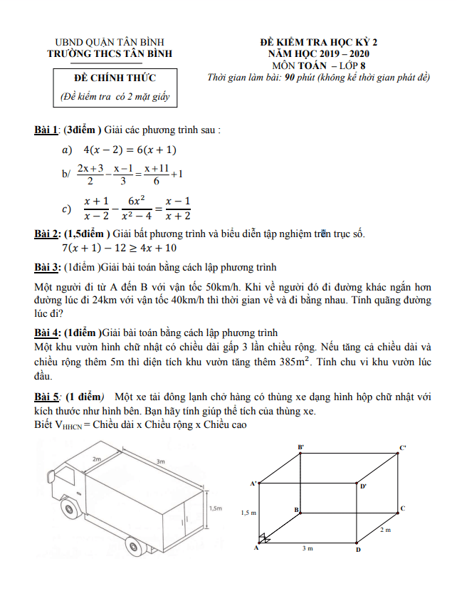 Đề kiểm tra học kỳ 2 Toán 8 năm 2019 – 2020 trường THCS Tân Bình – TP HCM