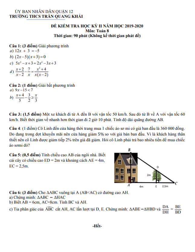 Đề kiểm tra học kỳ 2 Toán 8 năm 2019 – 2020 trường THCS Trần Quang Khải – TP HCM
