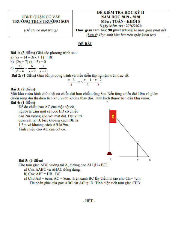 Đề kiểm tra học kỳ 2 Toán 8 năm 2019 – 2020 trường THCS Trường Sơn – TP HCM