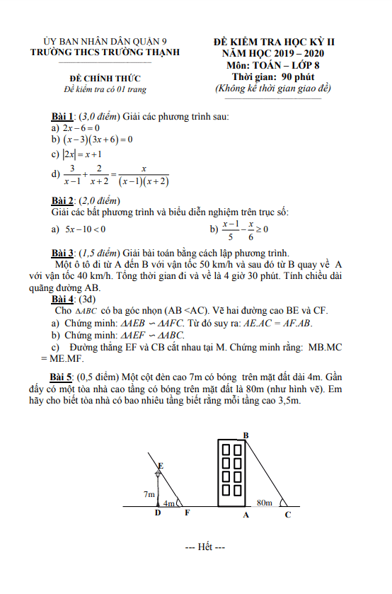 Đề kiểm tra học kỳ 2 Toán 8 năm 2019 – 2020 trường THCS Trường Thạnh – TP HCM