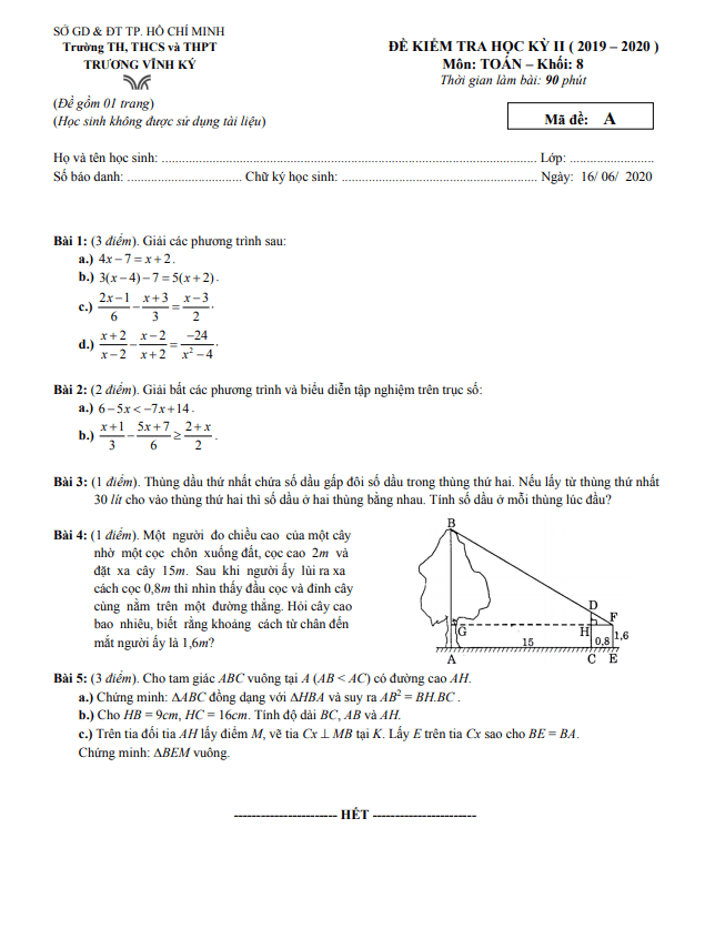 Đề kiểm tra học kỳ 2 Toán 8 năm 2019 – 2020 trường Trương Vĩnh Ký – TP HCM