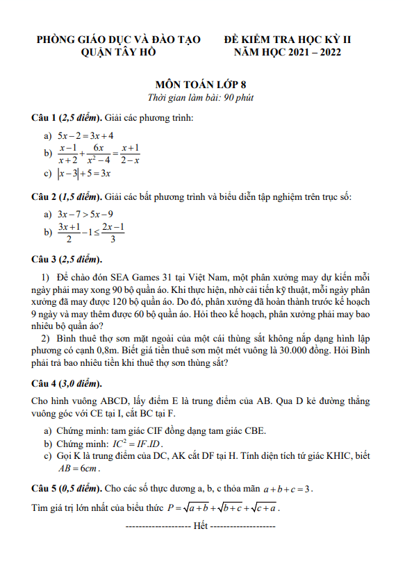 Đề kiểm tra học kỳ 2 Toán 8 năm 2021 – 2022 phòng GD&ĐT Tây Hồ – Hà Nội