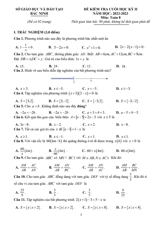 Đề kiểm tra học kỳ 2 Toán 8 năm 2022 – 2023 sở GD&ĐT Bắc Ninh