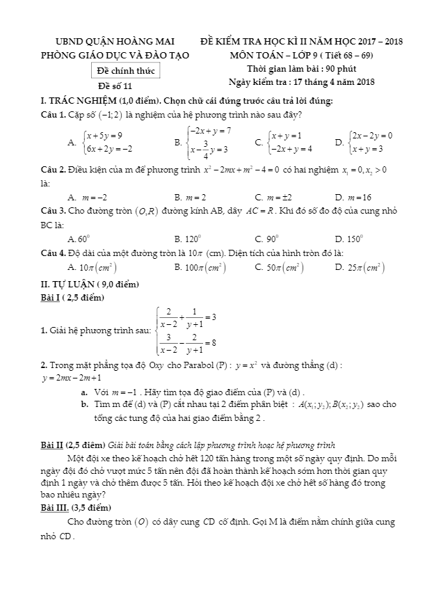Đề kiểm tra học kỳ 2 Toán 9 năm 2017 – 2018 phòng GD và ĐT Hoàng Mai – Hà Nội