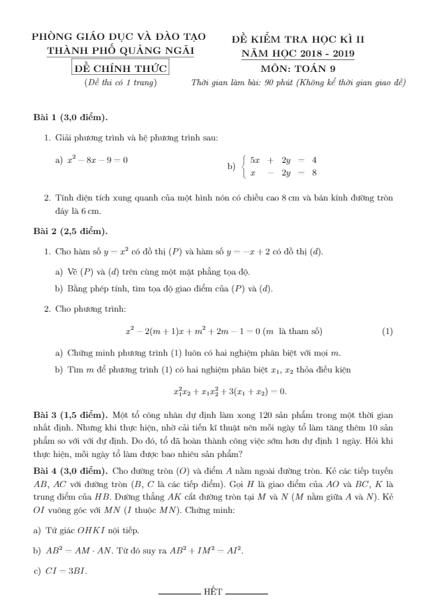 Đề kiểm tra học kỳ 2 Toán 9 năm 2018 – 2019 phòng GD&ĐT TP Quảng Ngãi