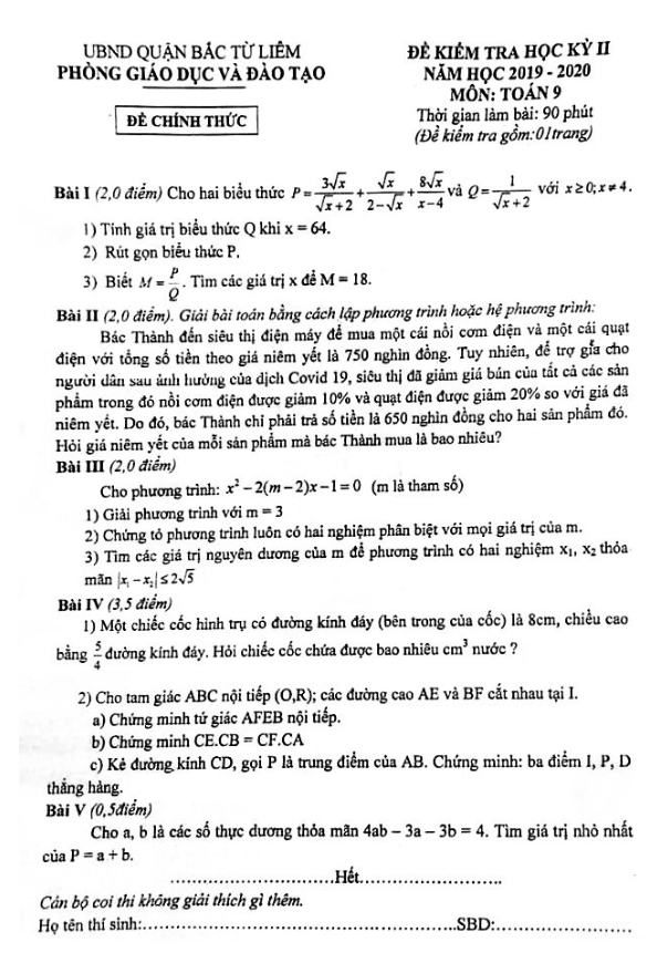 Đề kiểm tra học kỳ 2 Toán 9 năm 2019 – 2020 phòng GD&ĐT Bắc Từ Liêm – Hà Nội