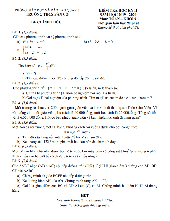 Đề kiểm tra học kỳ 2 Toán 9 năm 2019 – 2020 trường THCS Bàn Cờ – TP HCM