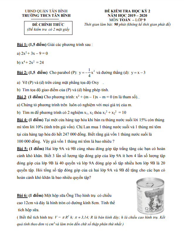 Đề kiểm tra học kỳ 2 Toán 9 năm 2019 – 2020 trường THCS Tân Bình – TP HCM