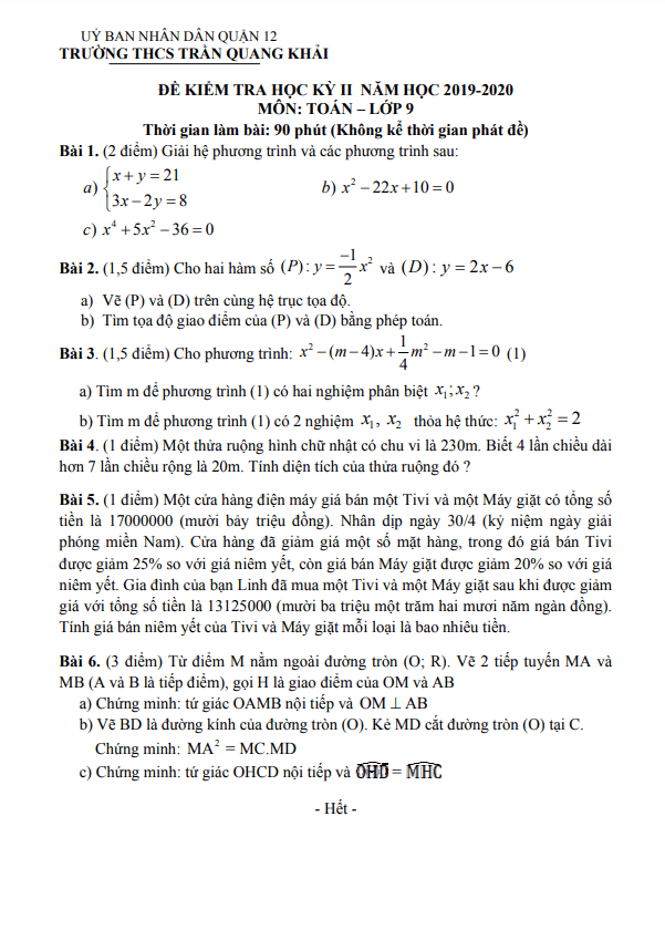 Đề kiểm tra học kỳ 2 Toán 9 năm 2019 – 2020 trường THCS Trần Quang Khải – TP HCM