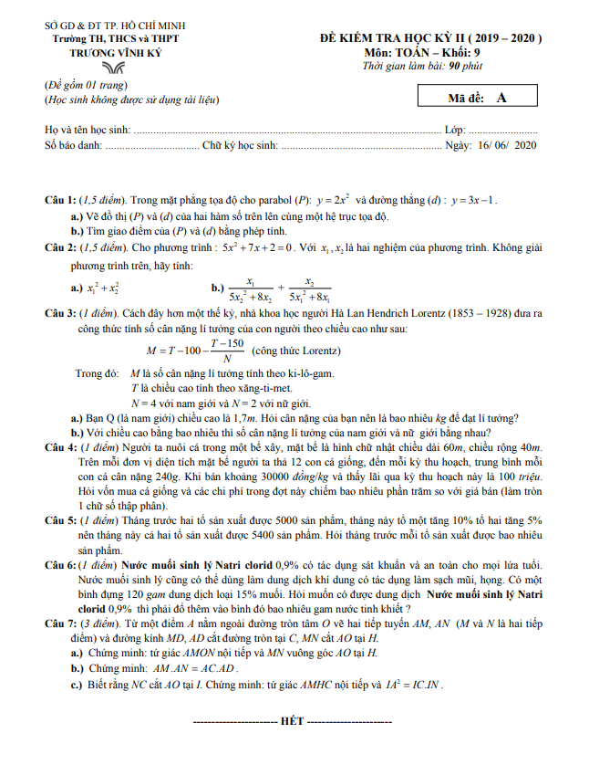 Đề kiểm tra học kỳ 2 Toán 9 năm 2019 – 2020 trường Trương Vĩnh Ký – TP HCM
