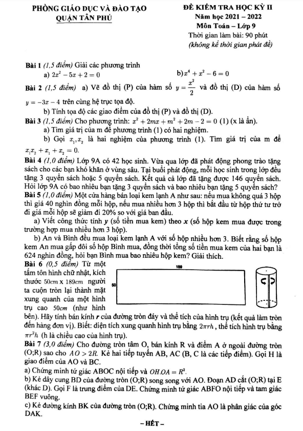 Đề kiểm tra học kỳ 2 Toán 9 năm 2021 – 2022 phòng GD&ĐT Tân Phú – TP HCM