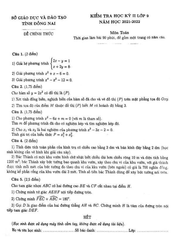 Đề kiểm tra học kỳ 2 Toán 9 năm 2021 – 2022 sở GD&ĐT Đồng Nai