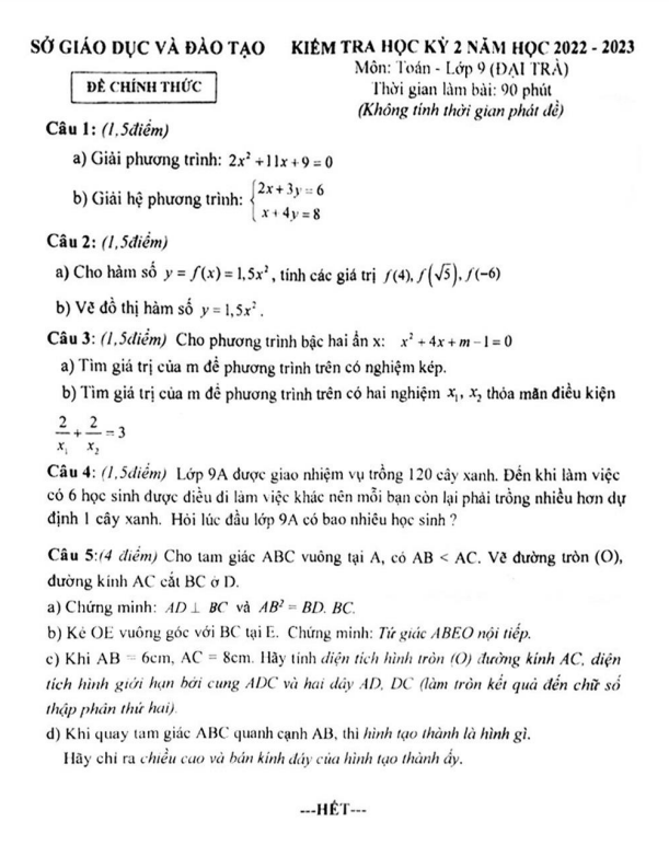 Đề kiểm tra học kỳ 2 Toán 9 năm 2022 – 2023 sở GD&ĐT Bình Dương
