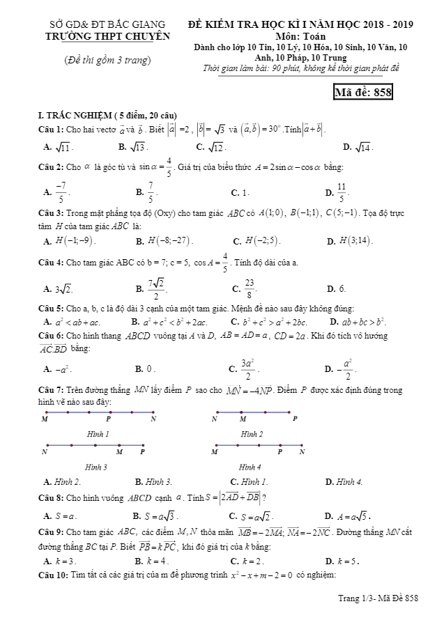 Đề kiểm tra học kỳ I Toán 10 năm 2018 – 2019 trường THPT chuyên Bắc Giang