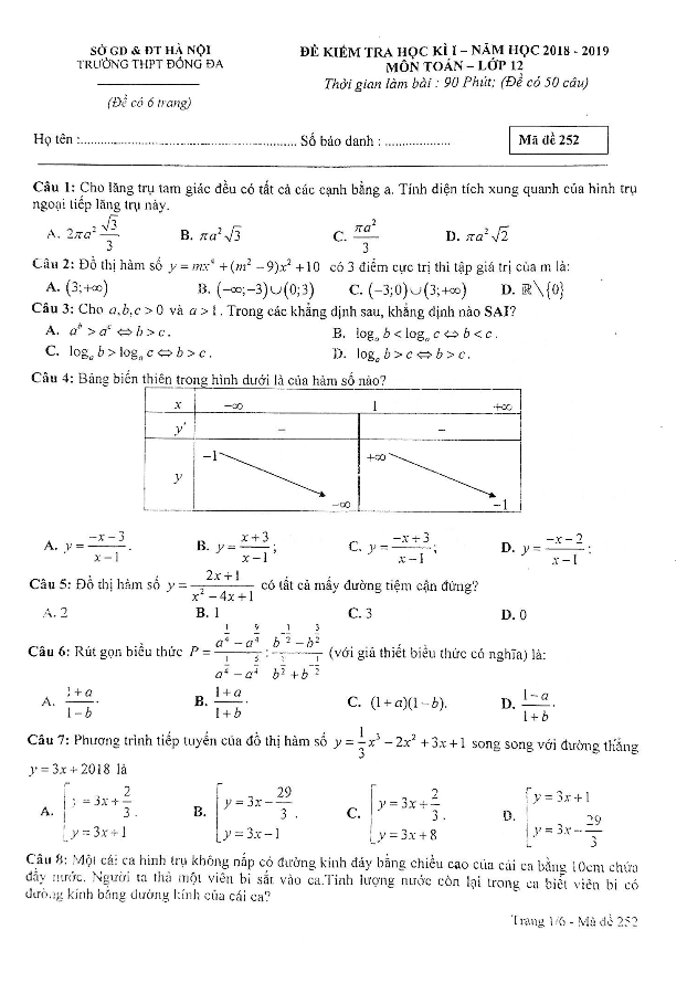 Đề kiểm tra học kỳ I Toán 12 năm học 2018 – 2019 trường THPT Đống Đa – Hà Nội