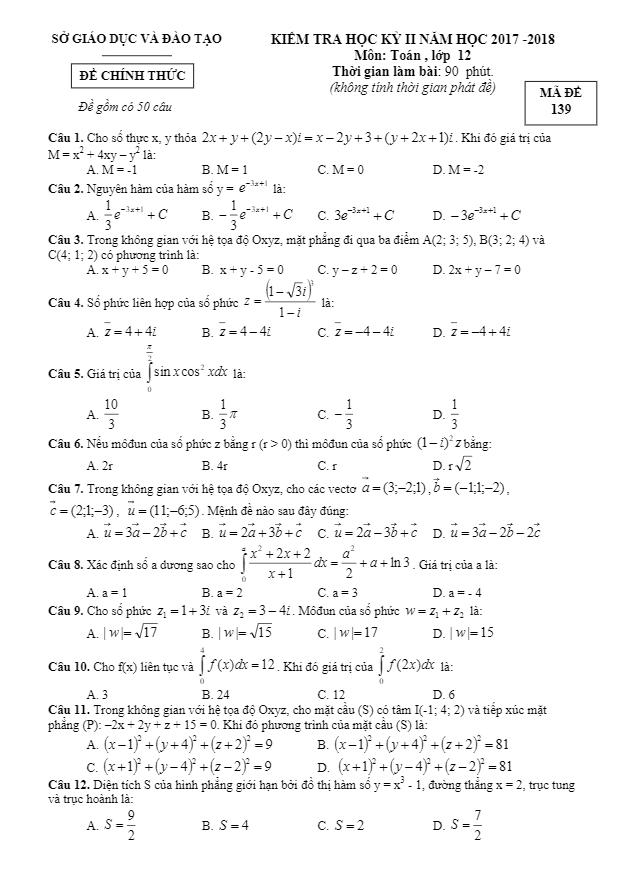 Đề kiểm tra học kỳ II Toán 12 năm 2017 – 2018 sở GD và ĐT Bình Dương
