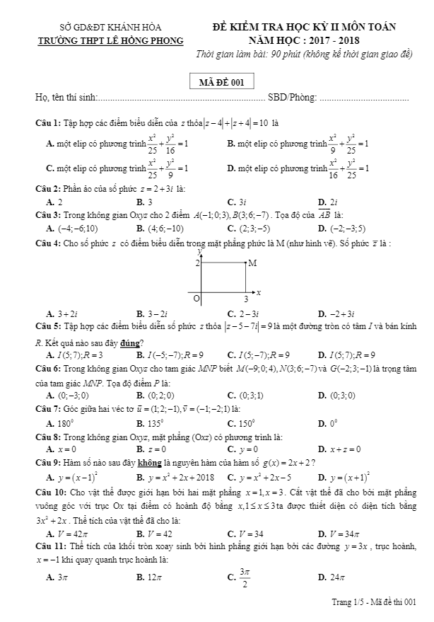 Đề kiểm tra học kỳ II Toán 12 năm 2017 – 2018 trường THPT Lê Hồng Phong – Khánh Hòa