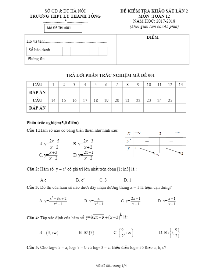 Đề kiểm tra khảo sát lần 2 Toán 12 năm học 2017 – 2018 trường THPT Lý Thánh Tông – Hà Nội