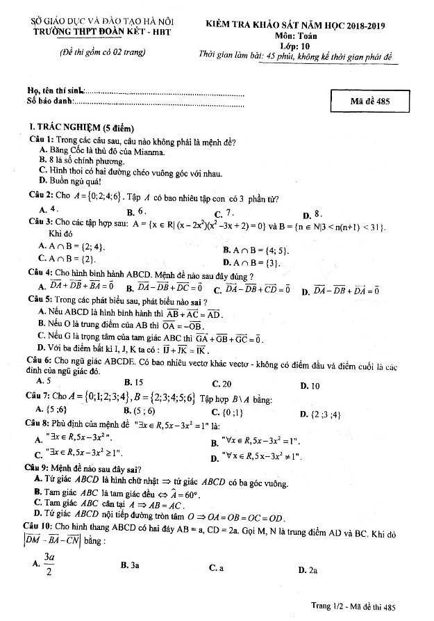 Đề kiểm tra khảo sát Toán 10 năm 2018 – 2019 trường THPT Đoàn Kết – HBT – Hà Nội