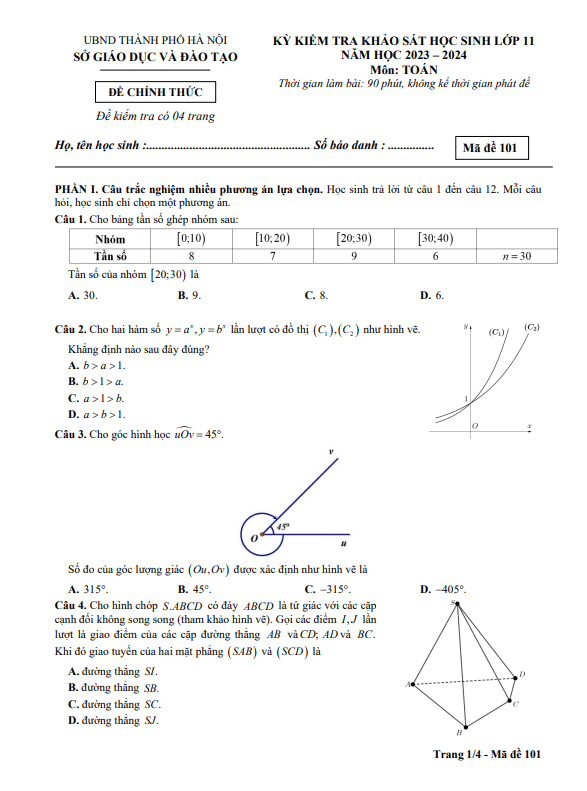 Đề kiểm tra khảo sát Toán 11 năm 2023 – 2024 sở GD&ĐT Hà Nội