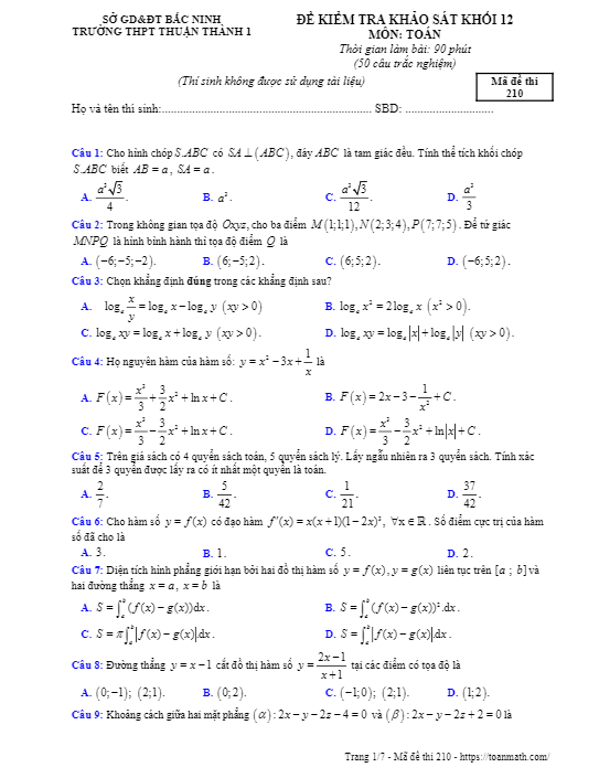 Đề kiểm tra khảo sát Toán 12 năm 2018 – 2019 trường Thuận Thành 1 – Bắc Ninh