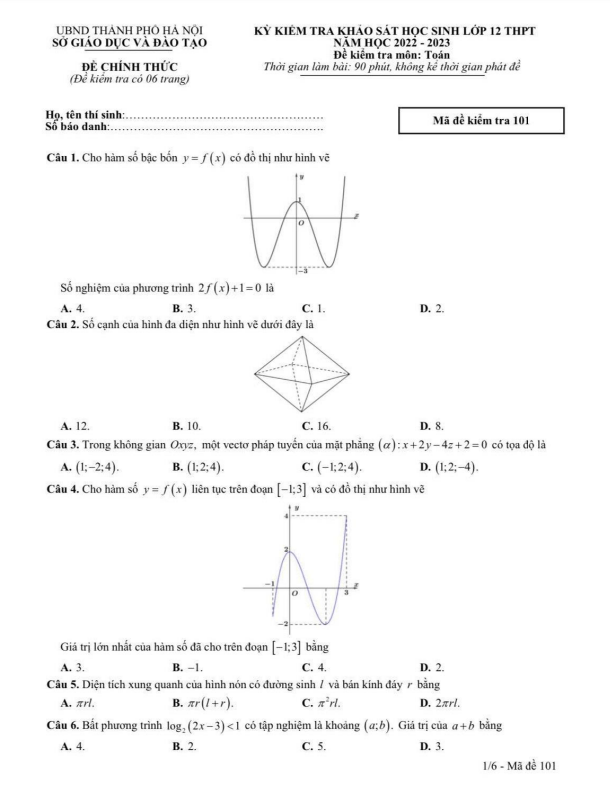 Đề kiểm tra khảo sát Toán 12 năm 2022 – 2023 sở GD&ĐT Hà Nội