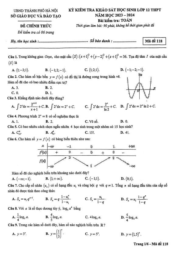 Đề kiểm tra khảo sát Toán 12 năm 2023 – 2024 sở GD&ĐT Hà Nội