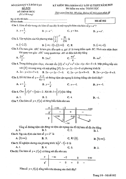 Đề kiểm tra khảo sát Toán 12 THPT năm 2019 sở GD&ĐT Hà Nội