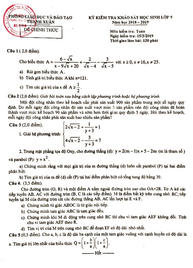 Đề kiểm tra khảo sát Toán 9 năm 2018 – 2019 phòng GD&ĐT Thanh Xuân – Hà Nội