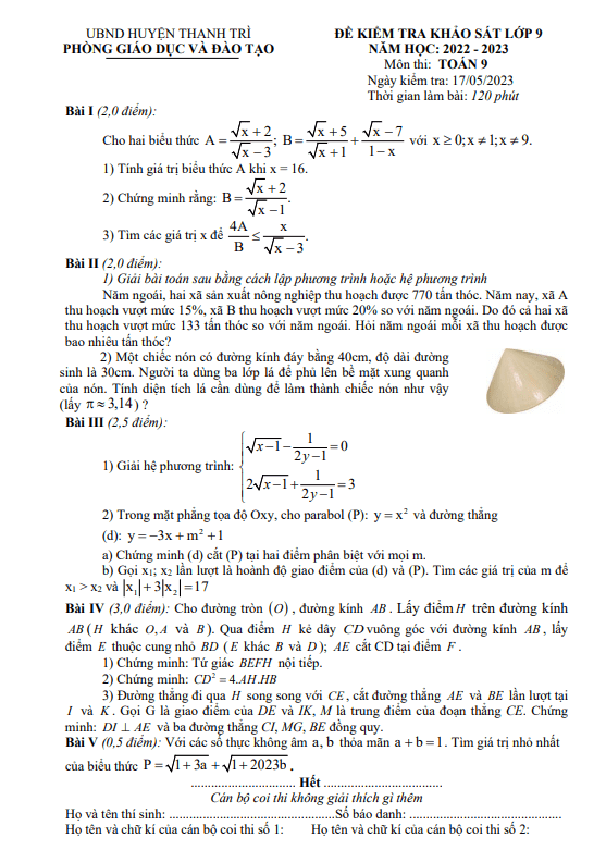 Đề kiểm tra khảo sát Toán 9 năm 2022 – 2023 phòng GD&ĐT Thanh Trì – Hà Nội