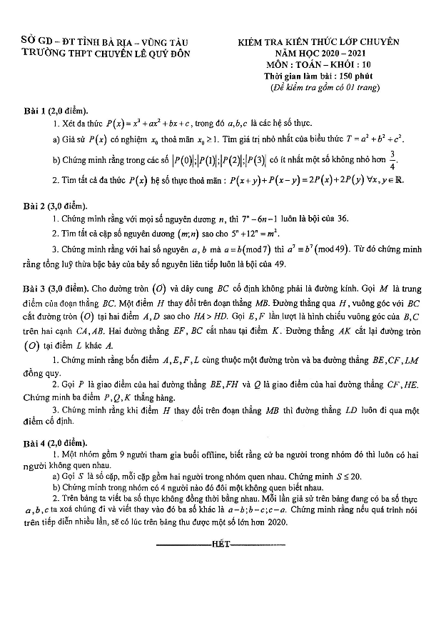 Đề kiểm tra kiến thức lớp chuyên Toán 10 năm 2020 – 2021 trường chuyên Lê Quý Đôn – BR VT