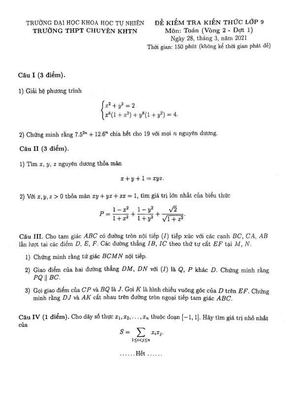 Đề kiểm tra kiến thức Toán 9 đợt 1 năm 2021 trường chuyên KHTN – Hà Nội (Vòng 2)