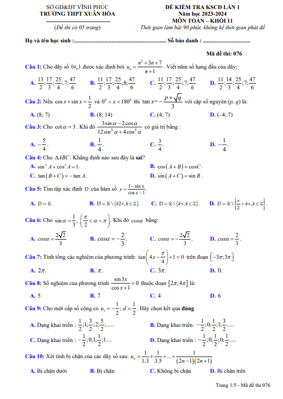 Đề kiểm tra KSCĐ lần 1 Toán 11 năm 2023 – 2024 trường THPT Xuân Hòa – Vĩnh Phúc