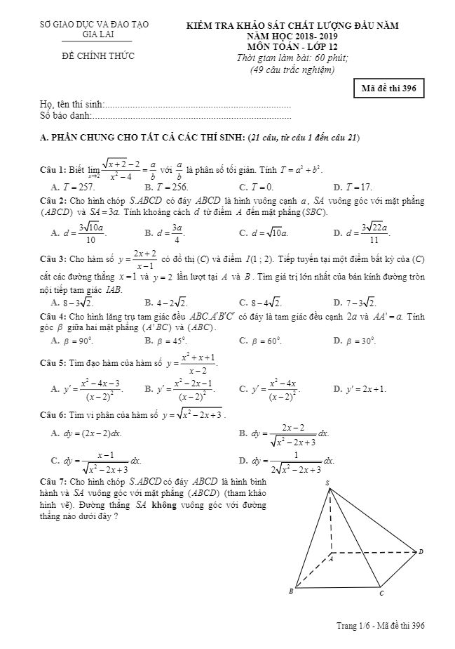 Đề kiểm tra KSCL đầu năm 2018 – 2019 Toán 12 sở GD và ĐT Gia Lai