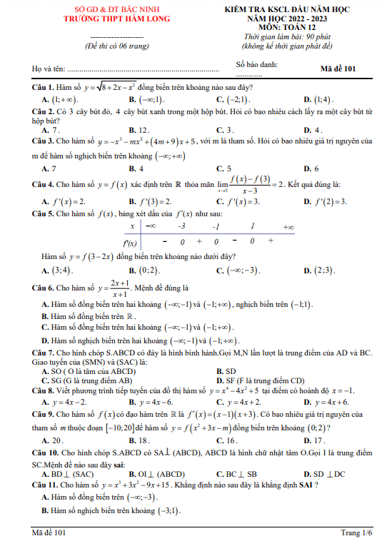 Đề kiểm tra KSCL Toán 12 đầu năm 2022 – 2023 trường THPT Hàm Long – Bắc Ninh