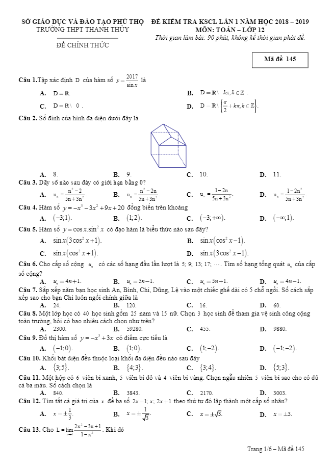 Đề kiểm tra KSCL Toán 12 năm 2018 – 2019 trường Thanh Thủy – Phú Thọ lần 1