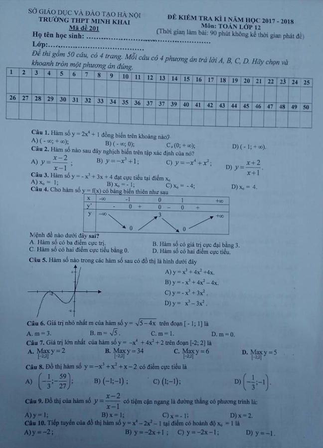 Đề kiểm tra kỳ 1 Toán 12 năm học 2017 – 2018 trường THPT Minh Khai – Hà Nội